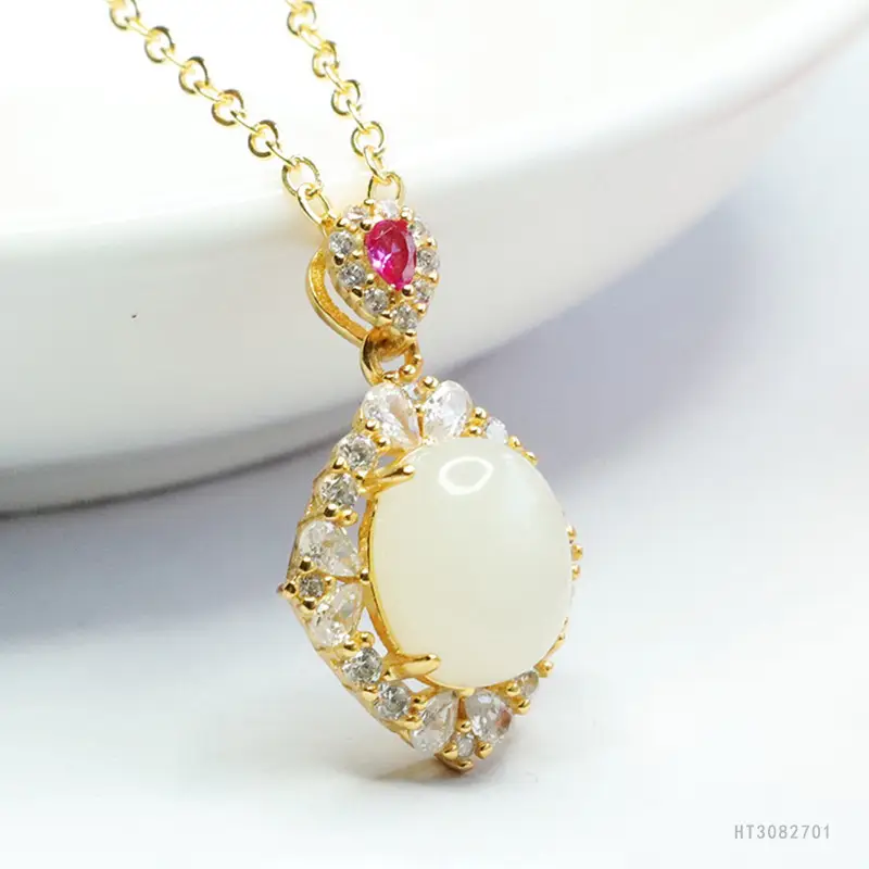 Guan Yu S925 Silver Inlaid White Jade Pendant Necklace - Image 3