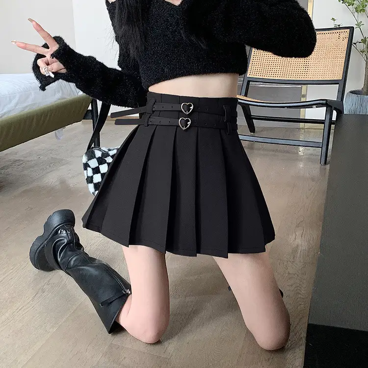 Women Pleated Skirt with Heart Belt & White Tights - Image 4