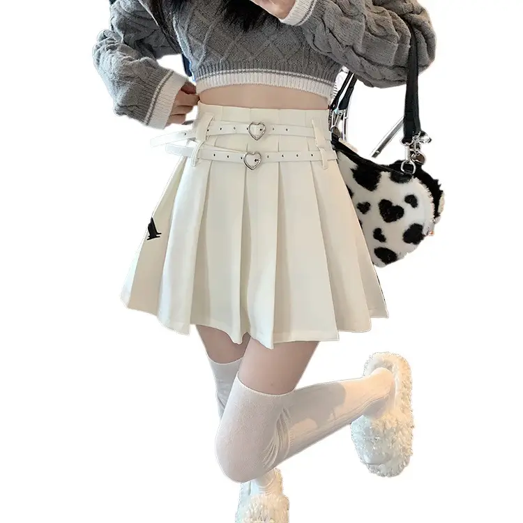 Women Pleated Skirt with Heart Belt & White Tights - Image 7