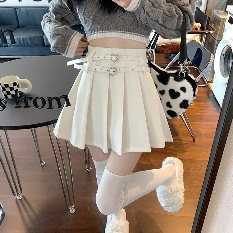 Women Pleated Skirt with Heart Belt & White Tights — feature 6