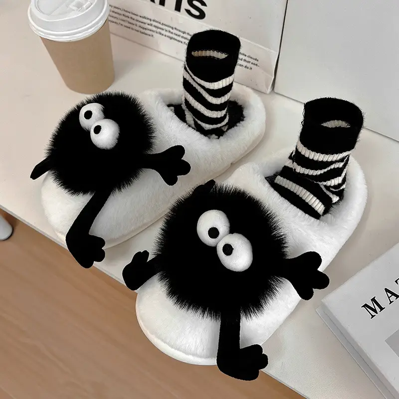 Cute big-eye cotton slippers for women autumn and winter 2023 new indoor home warm thick-soled student dormitory slippers - Image 5