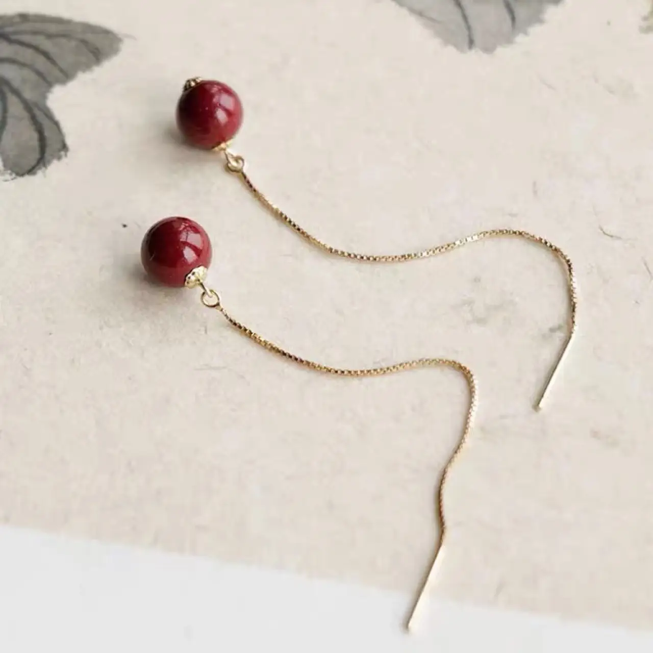 Red Cinnabar Earrings Women Gold Plated Red Beads - Image 2