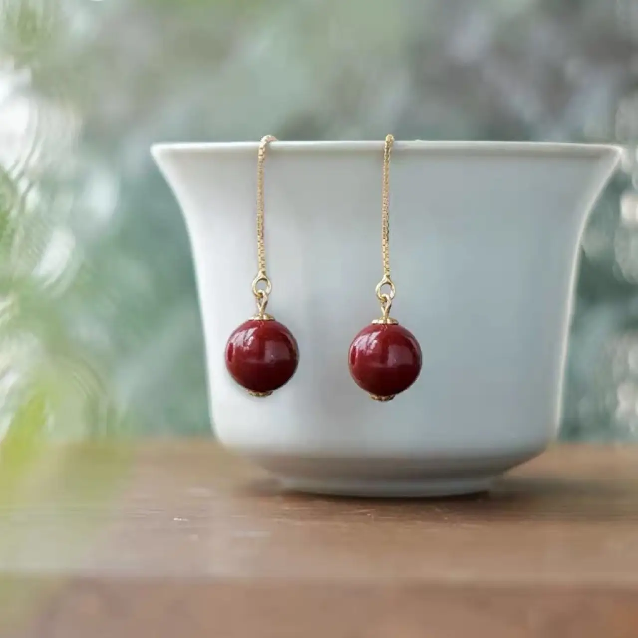Red Cinnabar Earrings Women Gold Plated Red Beads - Image 3