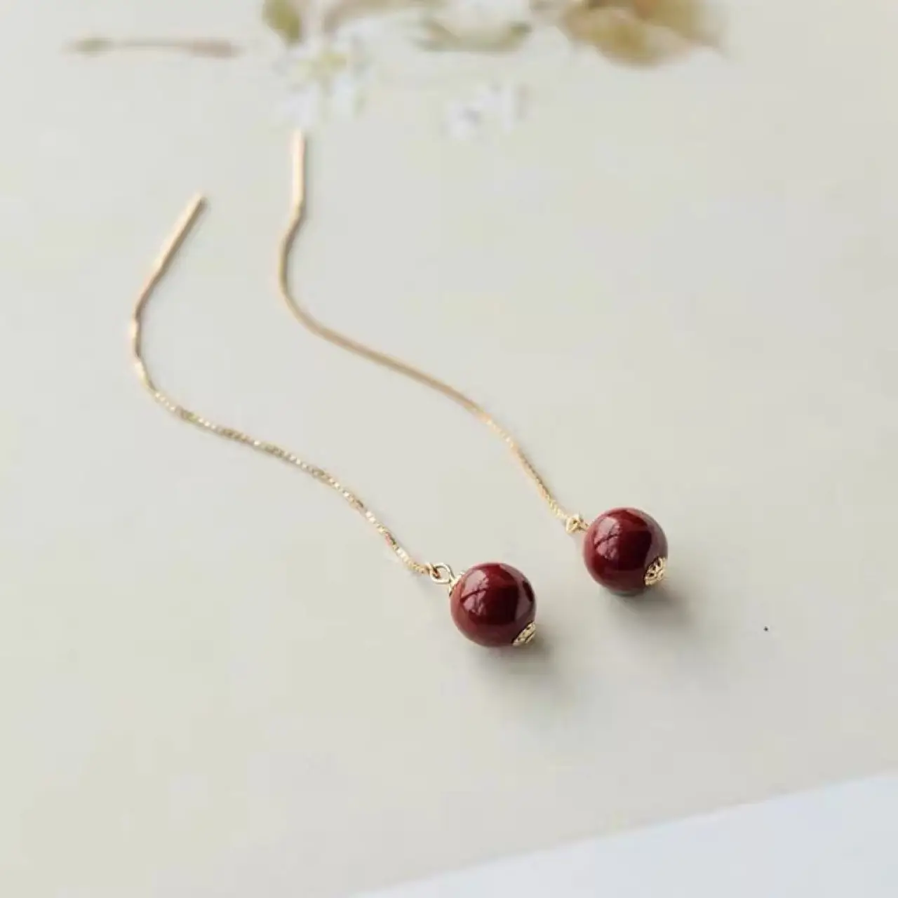 Red Cinnabar Earrings Women Gold Plated Red Beads - Image 4