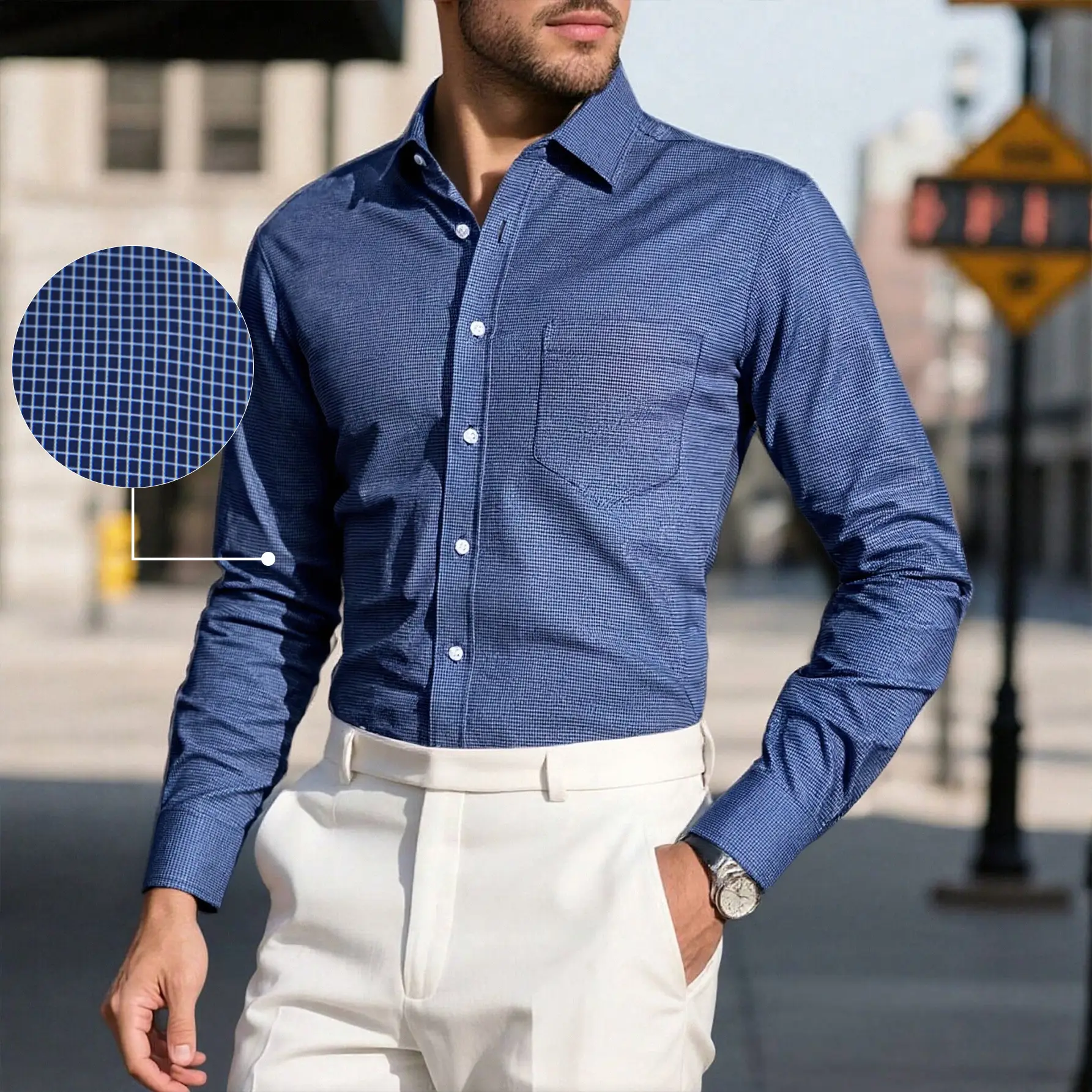 Men's Light Gray Thin Plaid Long Sleeve Shirt Plus Size - Image 9