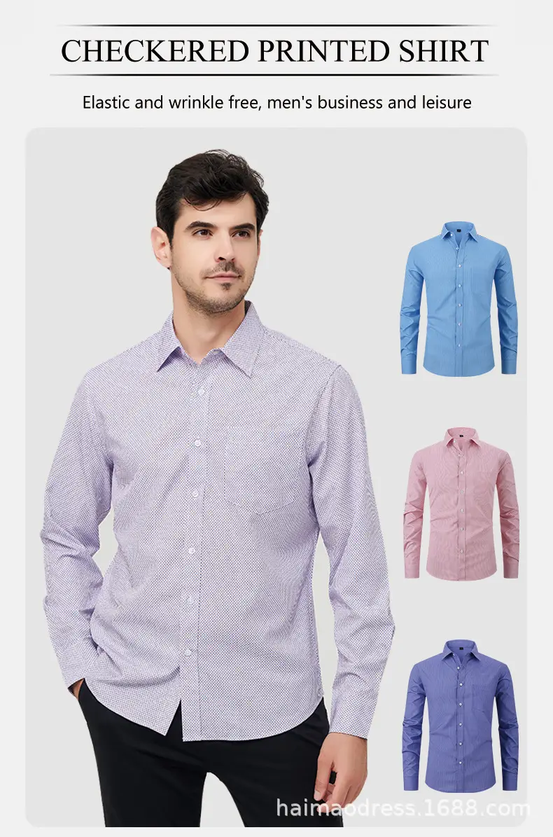 Men's Light Gray Thin Plaid Long Sleeve Shirt Plus Size — feature 12
