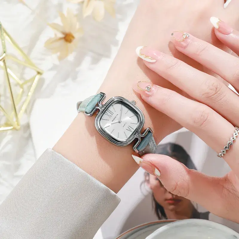 Elegant Green Strap Women's Watch with Square Dial