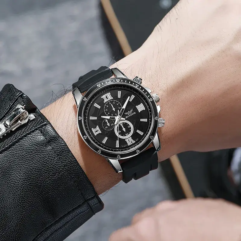 Men's Black Quartz Watch with Silicone Band & Large Dial