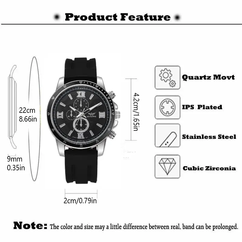 Men's Black Quartz Watch with Silicone Band & Large Dial — feature 10