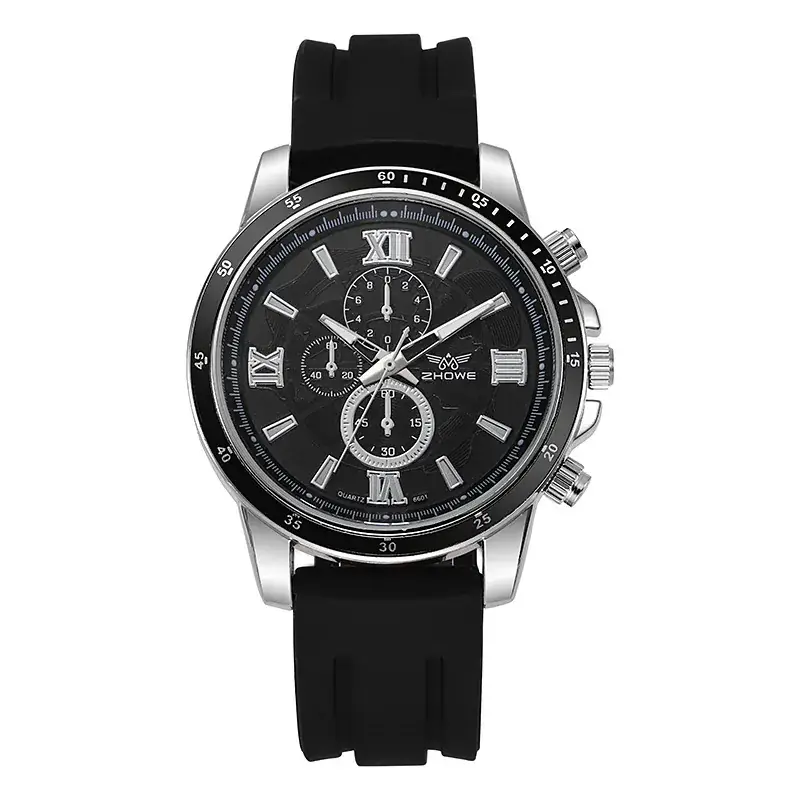 Men's Black Quartz Watch with Silicone Band & Large Dial