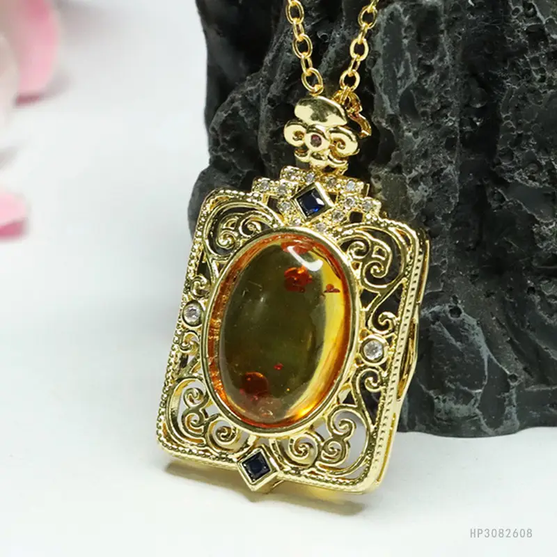 Natural Amber Flower Pendant Necklace Vintage Gold — feature 10