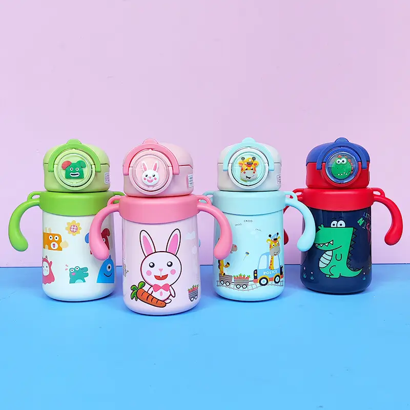 Dual-use children's thermos cup cute cartoon water cup handle strap straw Cup student kindergarten kettle drinking cup