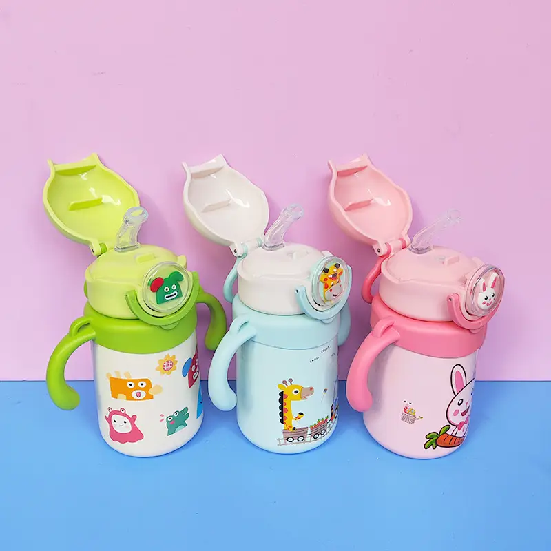 Dual-use children's thermos cup cute cartoon water cup handle strap straw Cup student kindergarten kettle drinking cup