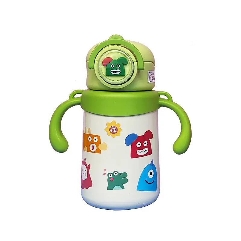 Dual-use children's thermos cup cute cartoon water cup handle strap straw Cup student kindergarten kettle drinking cup