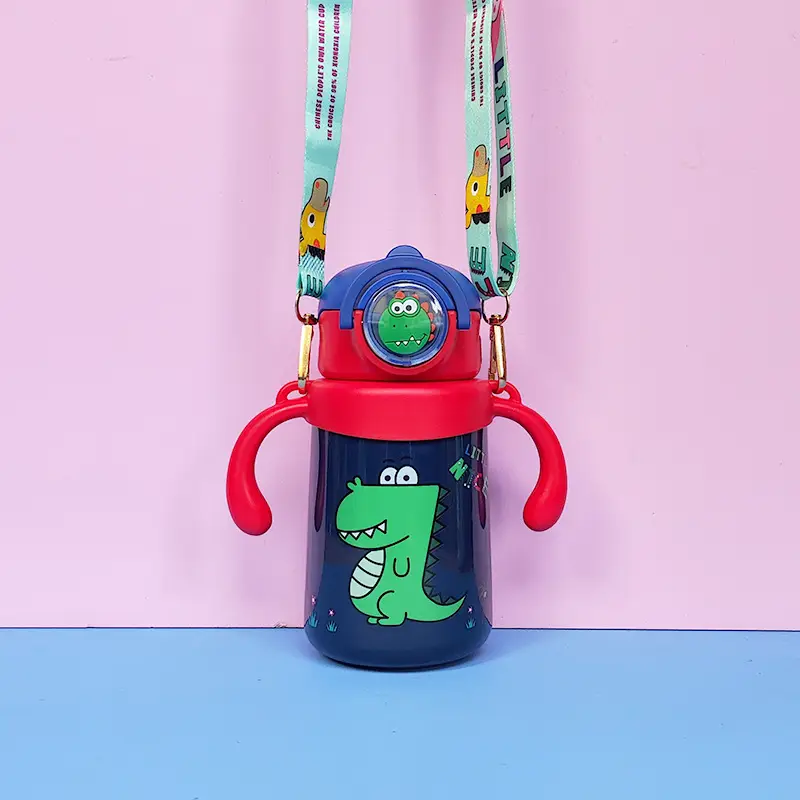 Dual-use children's thermos cup cute cartoon water cup handle strap straw Cup student kindergarten kettle drinking cup