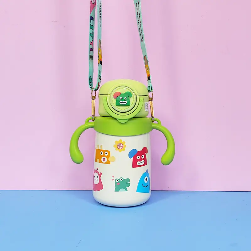 Dual-use children's thermos cup cute cartoon water cup handle strap straw Cup student kindergarten kettle drinking cup