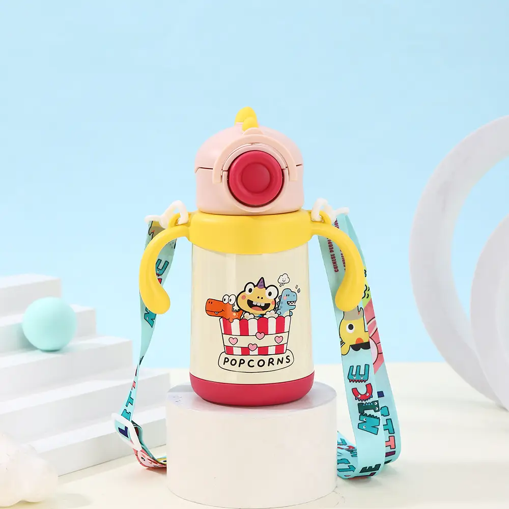 Dual-use children's thermos cup cute cartoon water cup handle strap straw Cup student kindergarten kettle drinking cup