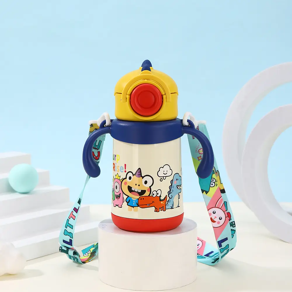 Dual-use children's thermos cup cute cartoon water cup handle strap straw Cup student kindergarten kettle drinking cup