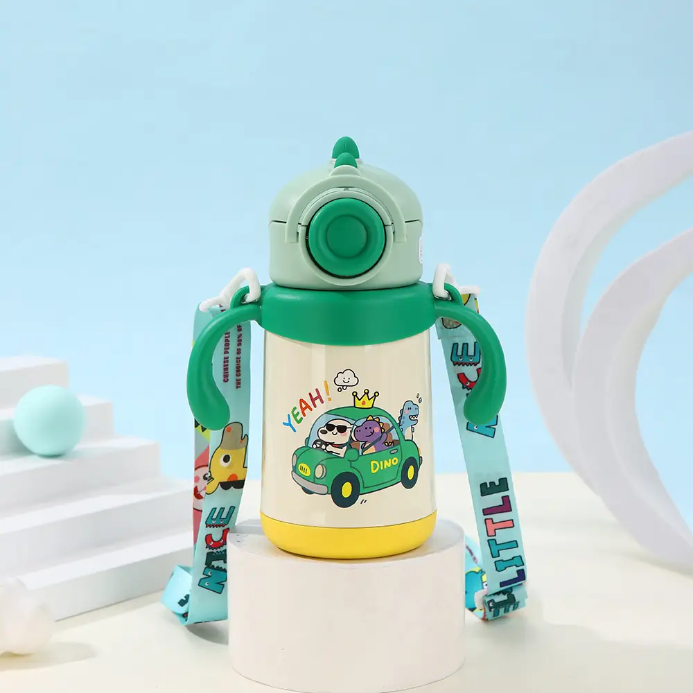 Dual-use children's thermos cup cute cartoon water cup handle strap straw Cup student kindergarten kettle drinking cup
