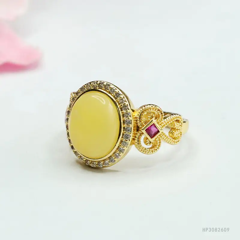 Yellow Honey Amber Ring for Women Vintage Design