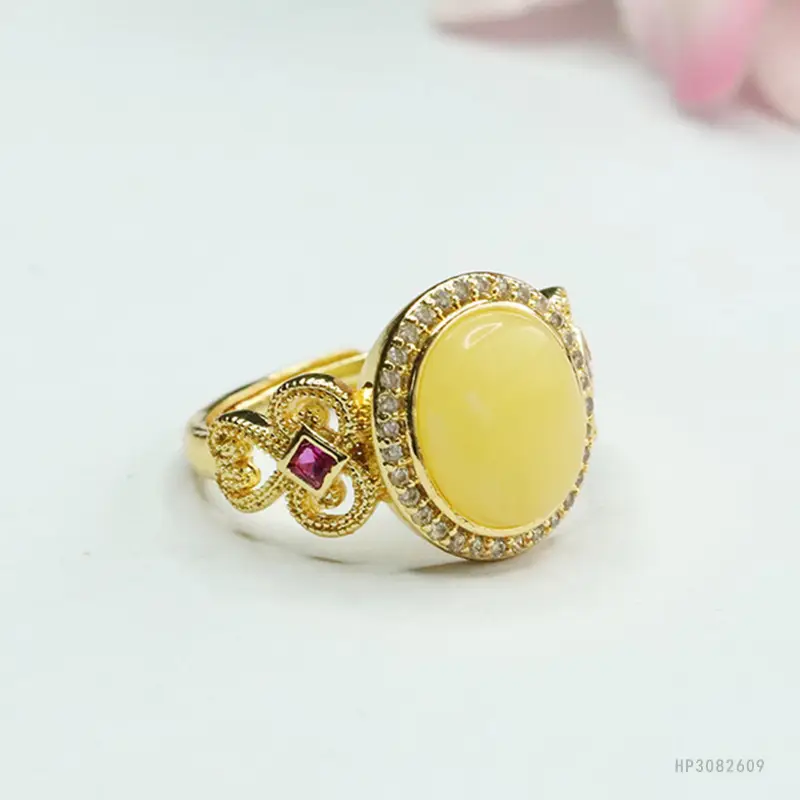 Yellow Honey Amber Ring for Women Vintage Design