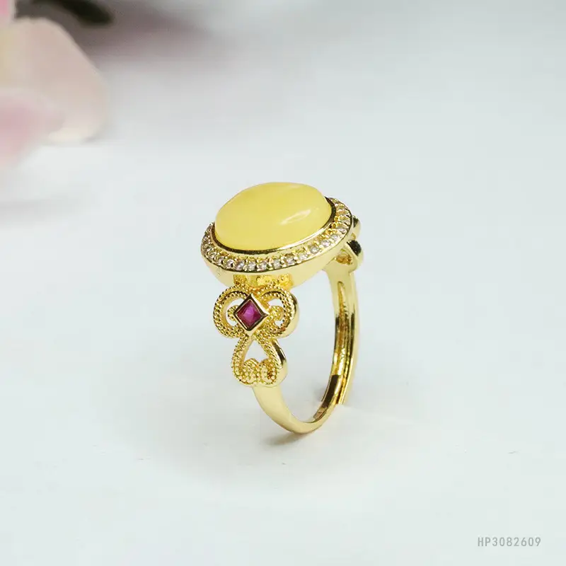 Yellow Honey Amber Ring for Women Vintage Design
