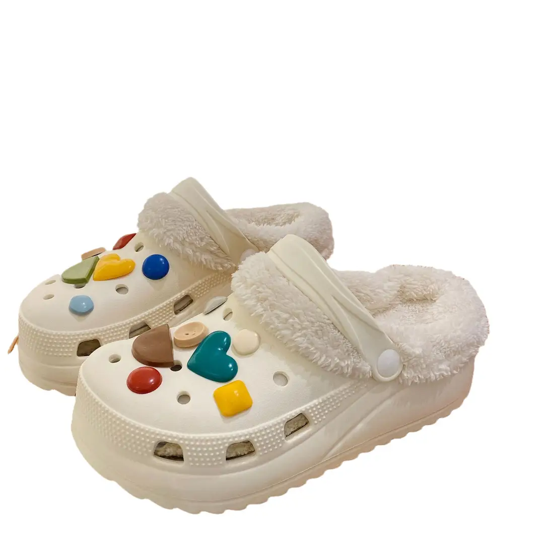 2023 autumn and winter cartoon love button diy hole shoes women's outer wear room velvet removable washable cotton cover plush shoes