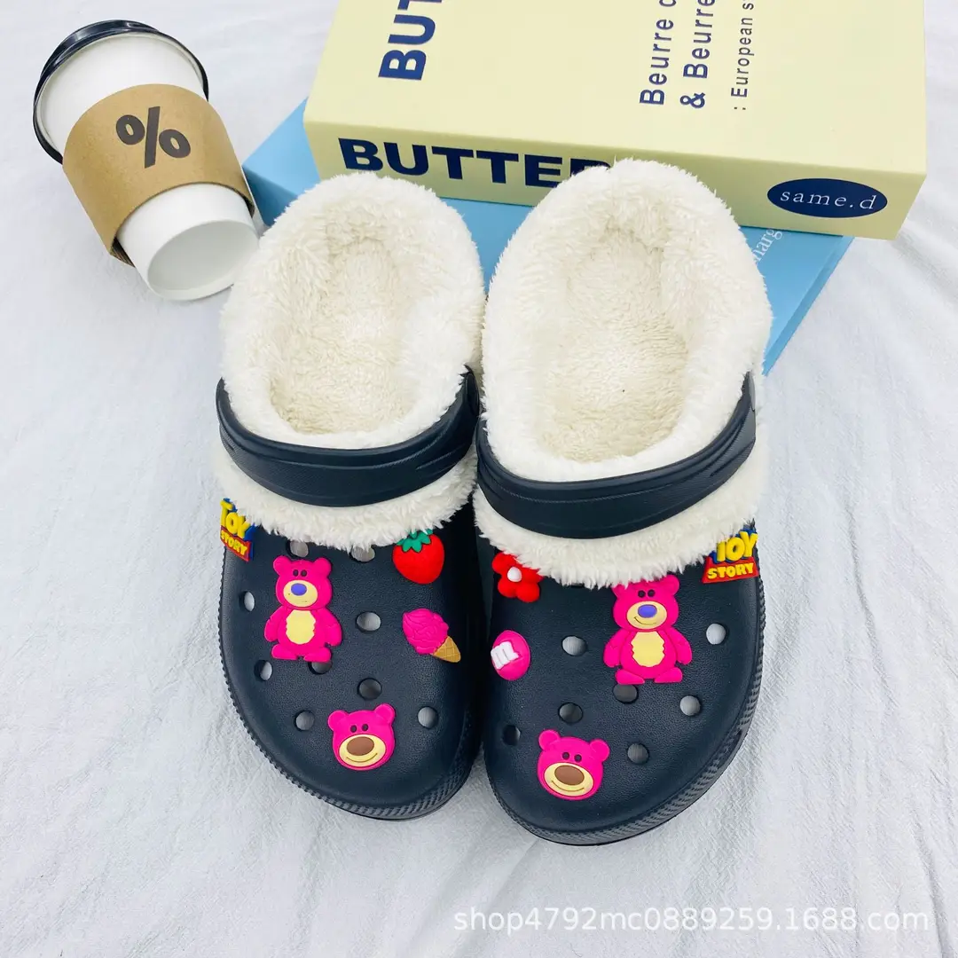 2023 autumn and winter cartoon love button diy hole shoes women's outer wear room velvet removable washable cotton cover plush shoes