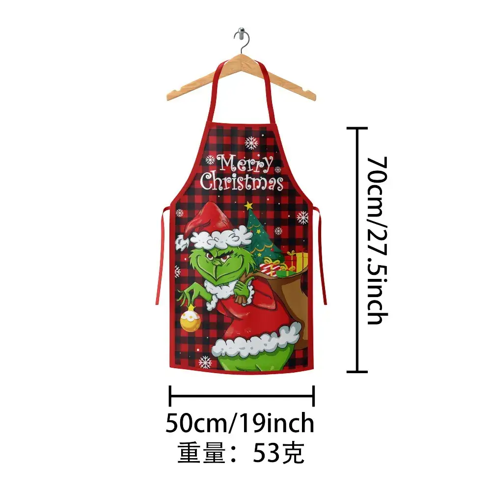 Christmas Grinch Santa Kitchen Apron Plaid Checkered - Image 11