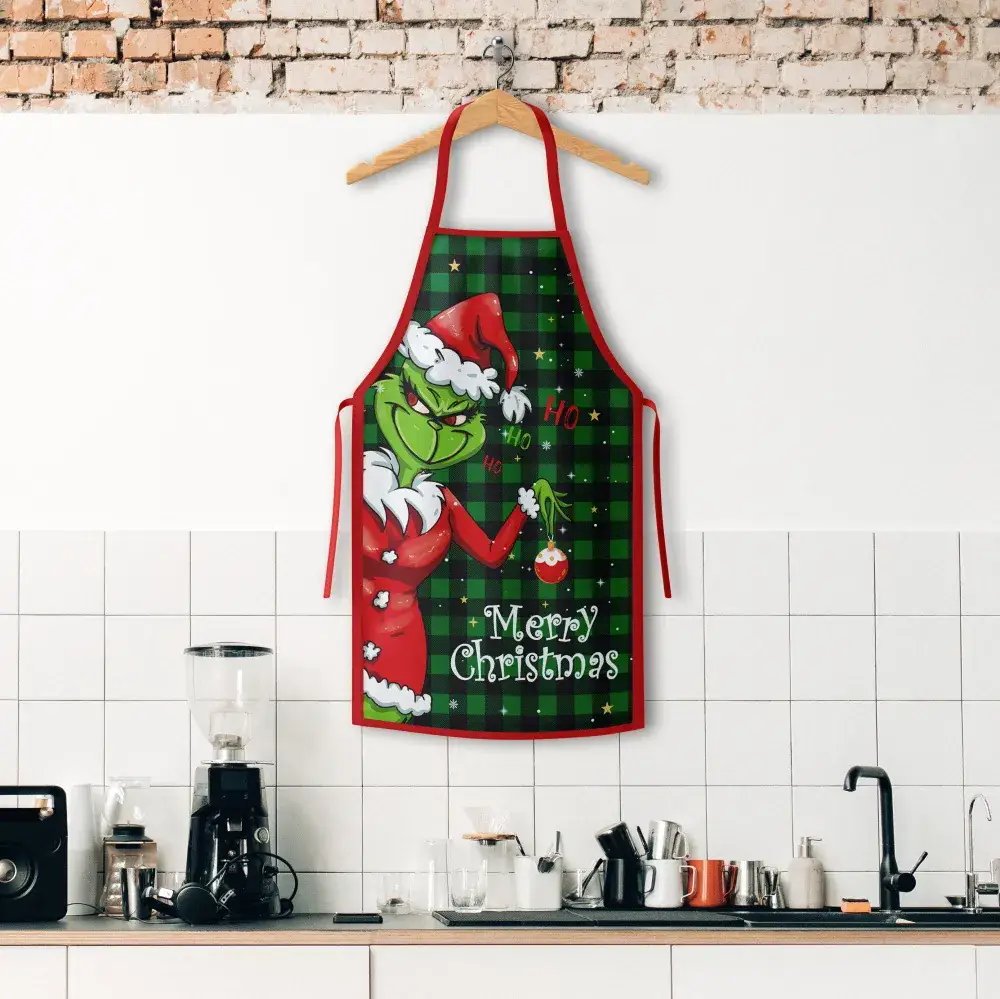 Christmas Grinch Santa Kitchen Apron Plaid Checkered - Image 2