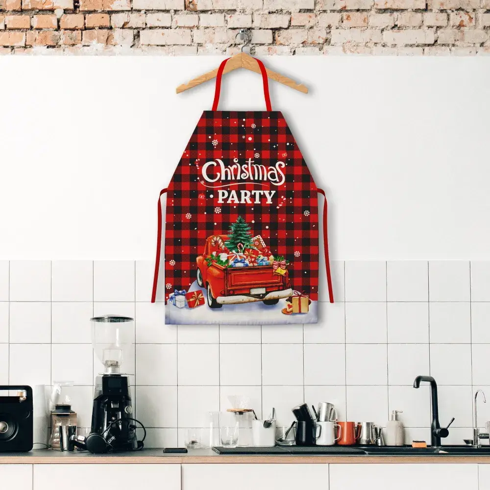 Christmas Grinch Santa Kitchen Apron Plaid Checkered - Image 6