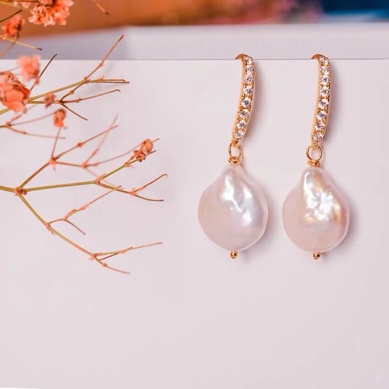 14K Gold Pearl Earrings Set for Women