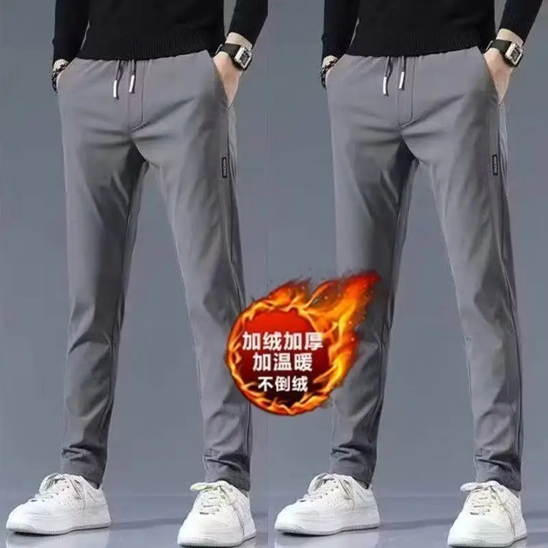 Men Fleece Lined Straight Pants Plus Size Grey — feature 13