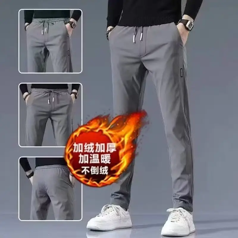 Men Fleece Lined Straight Pants Plus Size Grey — feature 18