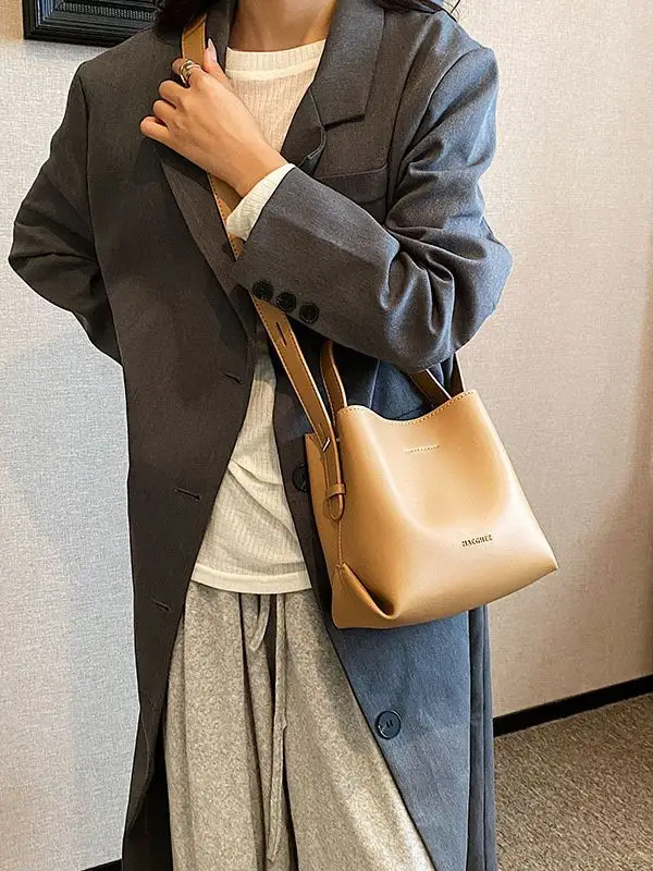 Women's Brown Leather Bucket Bag 2023 New Fall - Image 8