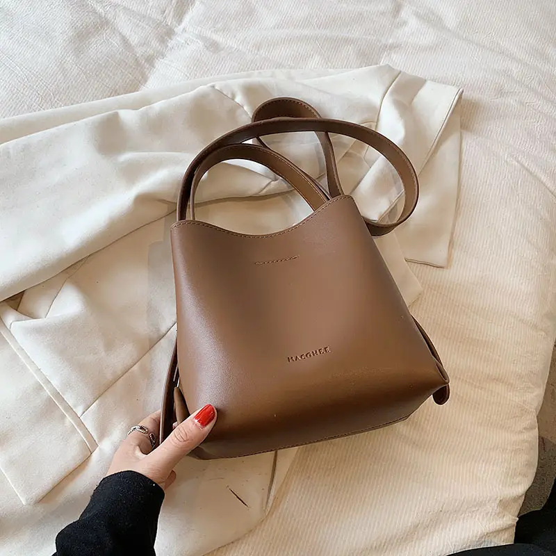 Women's Brown Leather Bucket Bag 2023 New Fall - Image 3