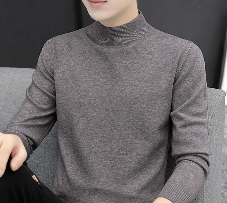Men's Long Sleeve Grey Sweater Mid Collar Winter Warm — feature 1