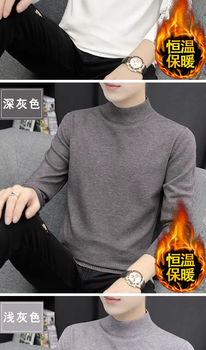 Men's Long Sleeve Grey Sweater Mid Collar Winter Warm — feature 11