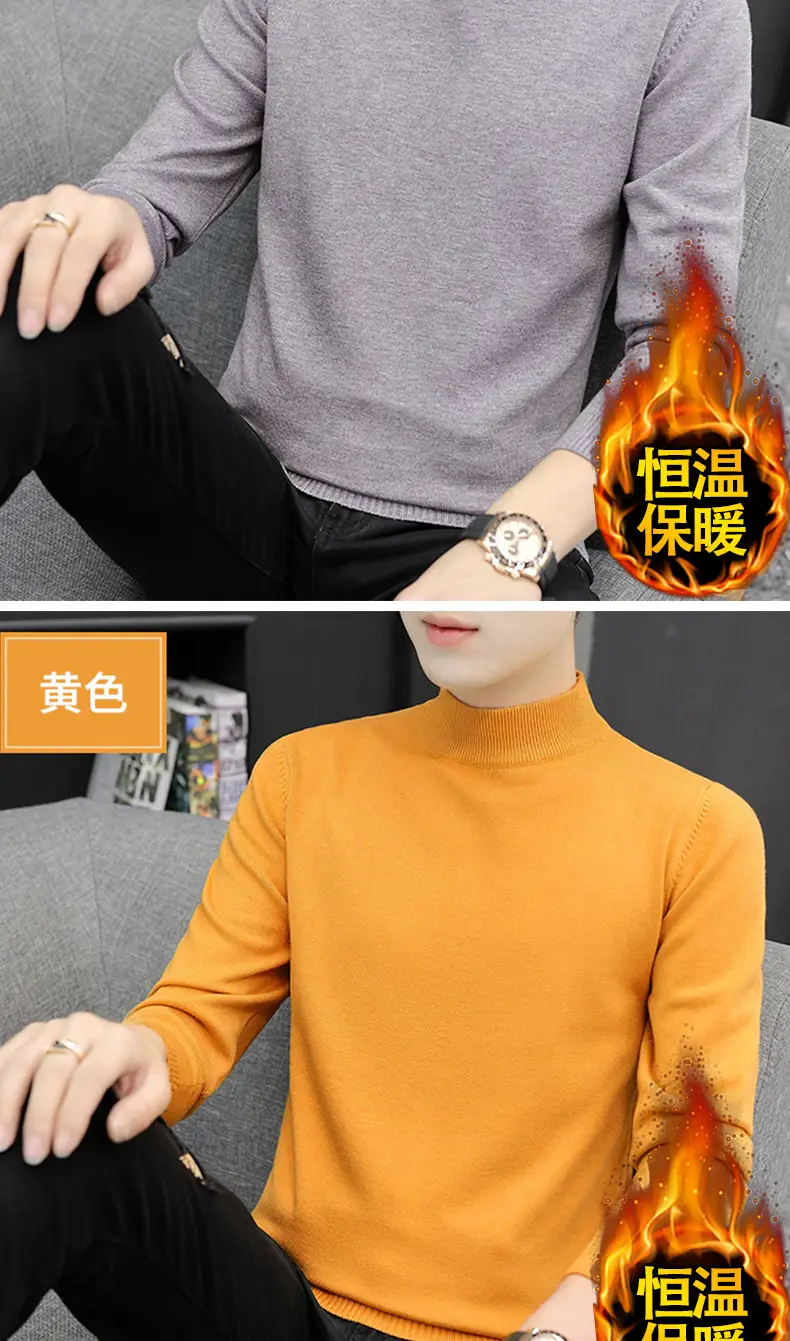 Men's Long Sleeve Grey Sweater Mid Collar Winter Warm — feature 12