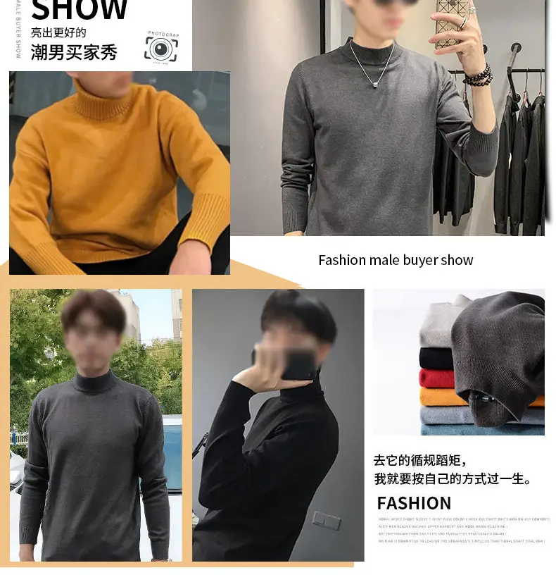 Men's Long Sleeve Grey Sweater Mid Collar Winter Warm — feature 8