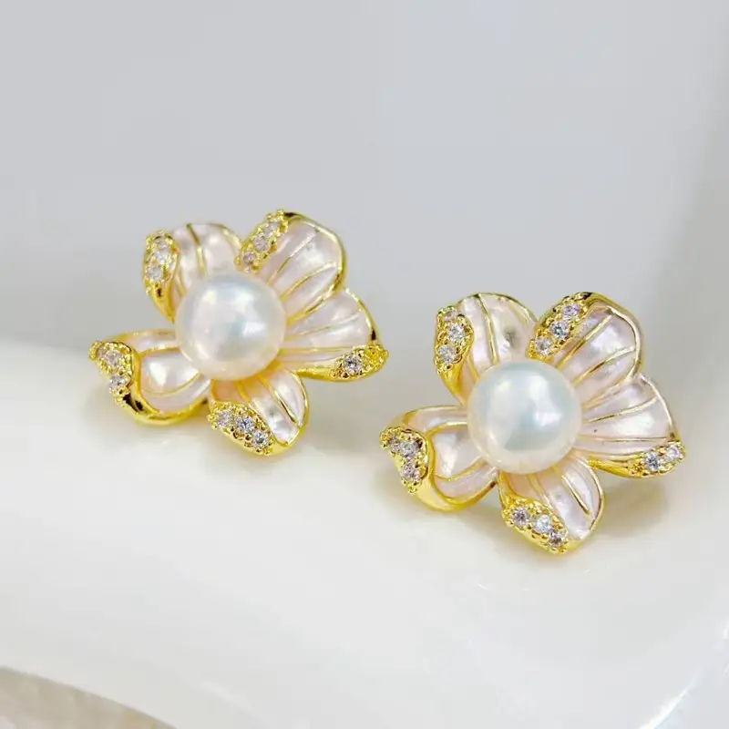Natural Pearl Earrings S925 Silver Needle French Oil Dripping Begonia Flower - Image 11