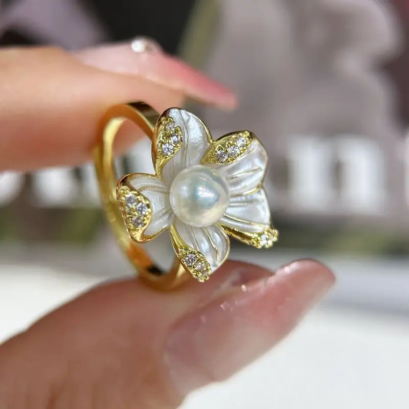 Natural Pearl Earrings S925 Silver Needle French Oil Dripping Begonia Flower - Image 12