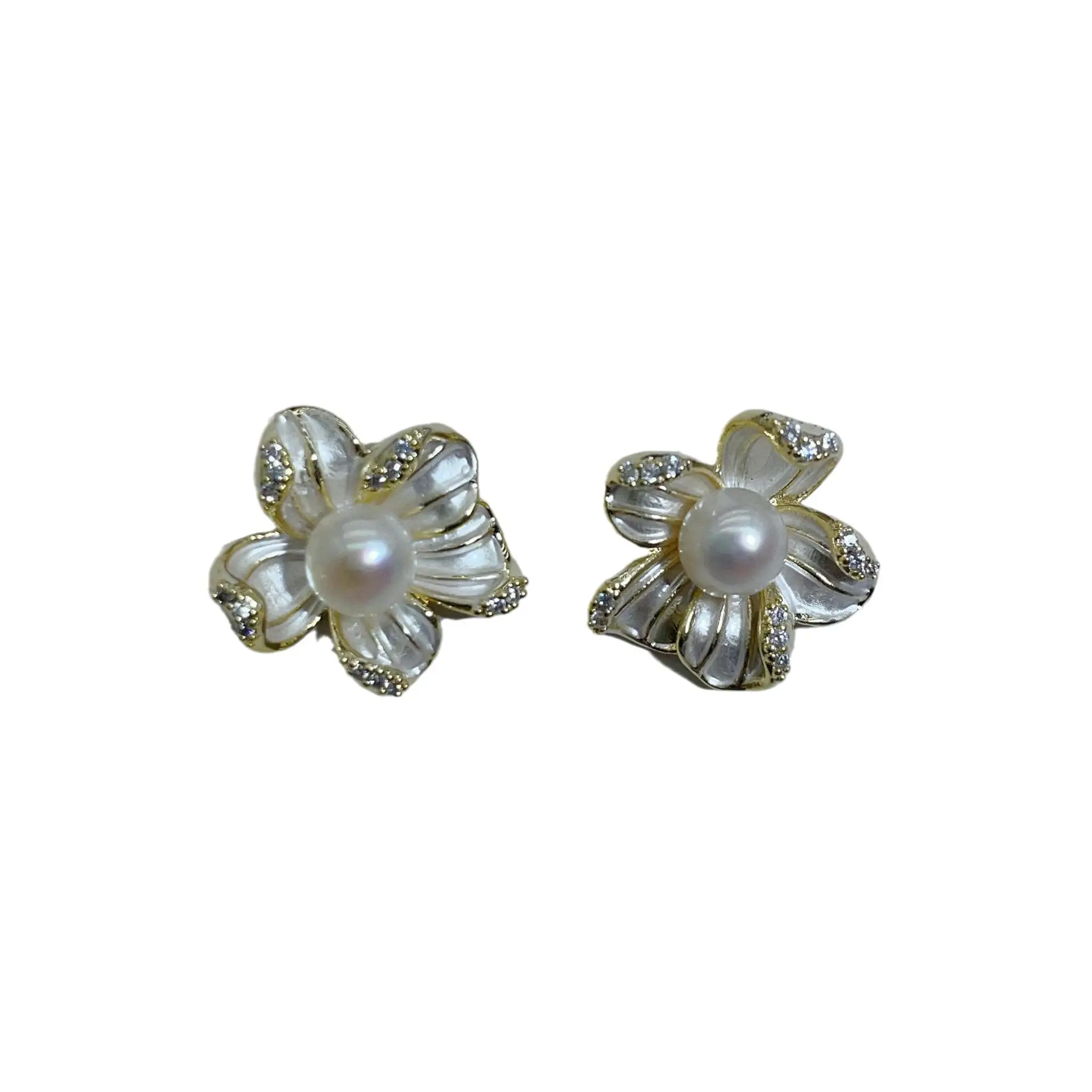 Natural Pearl Earrings S925 Silver Needle French Oil Dripping Begonia Flower - Image 13