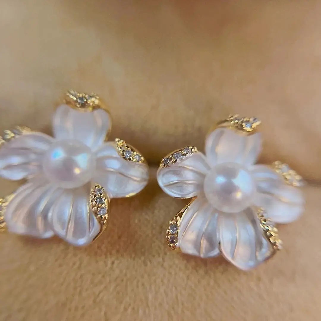 Natural Pearl Earrings S925 Silver Needle French Oil Dripping Begonia Flower — feature 10