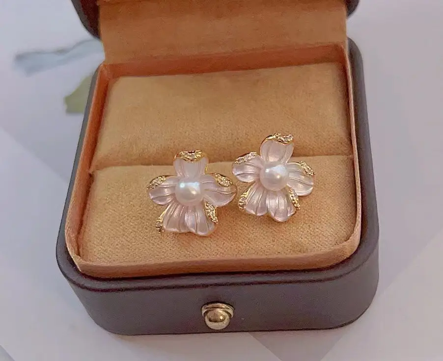 Natural Pearl Earrings S925 Silver Needle French Oil Dripping Begonia Flower — feature 19