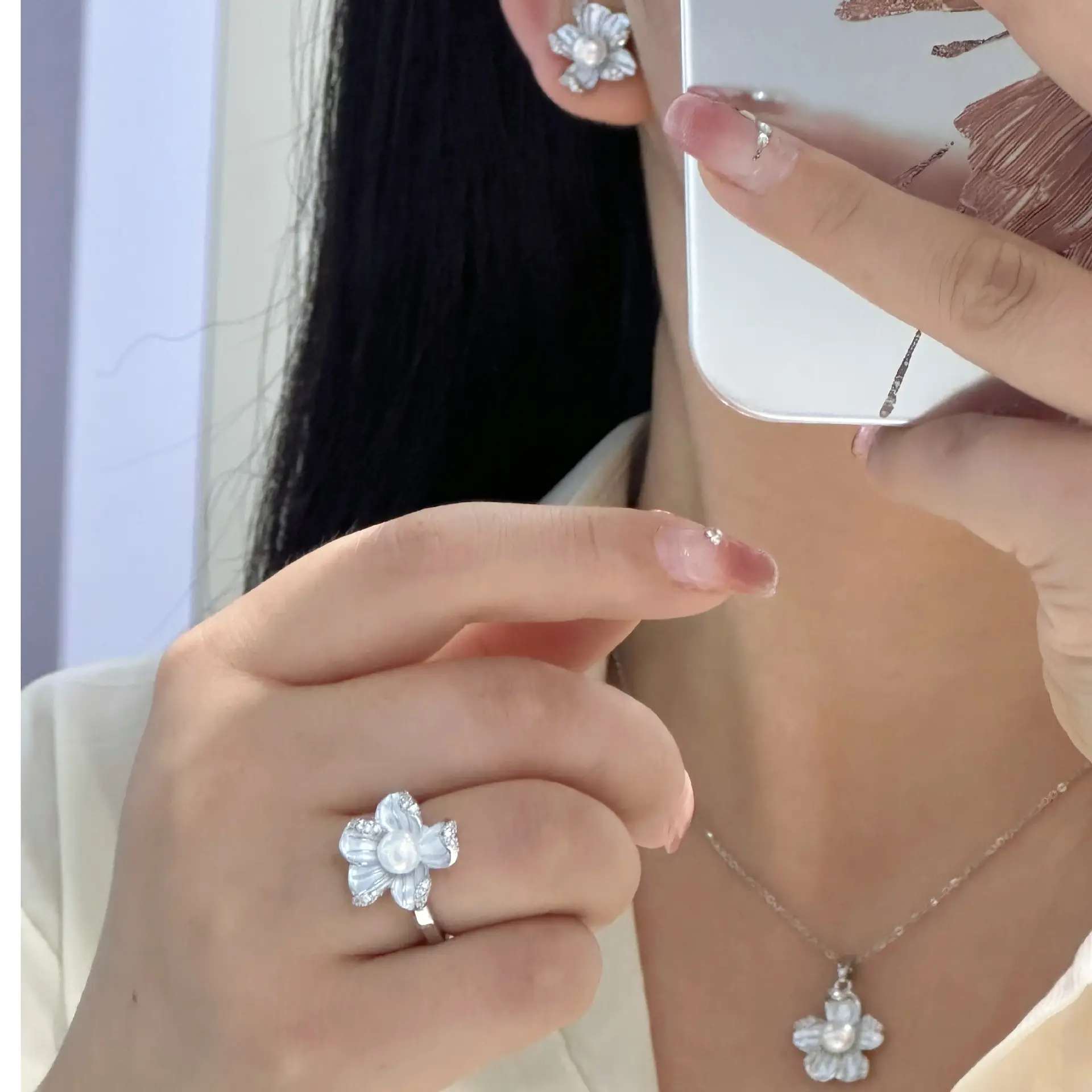 Natural Pearl Earrings S925 Silver Needle French Oil Dripping Begonia Flower — feature 25