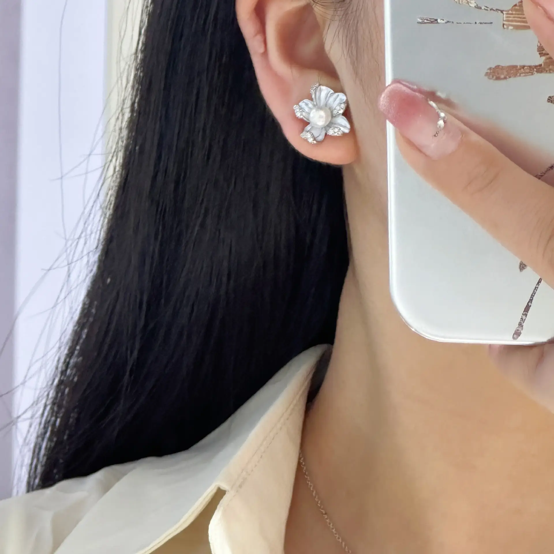 Natural Pearl Earrings S925 Silver Needle French Oil Dripping Begonia Flower — feature 26