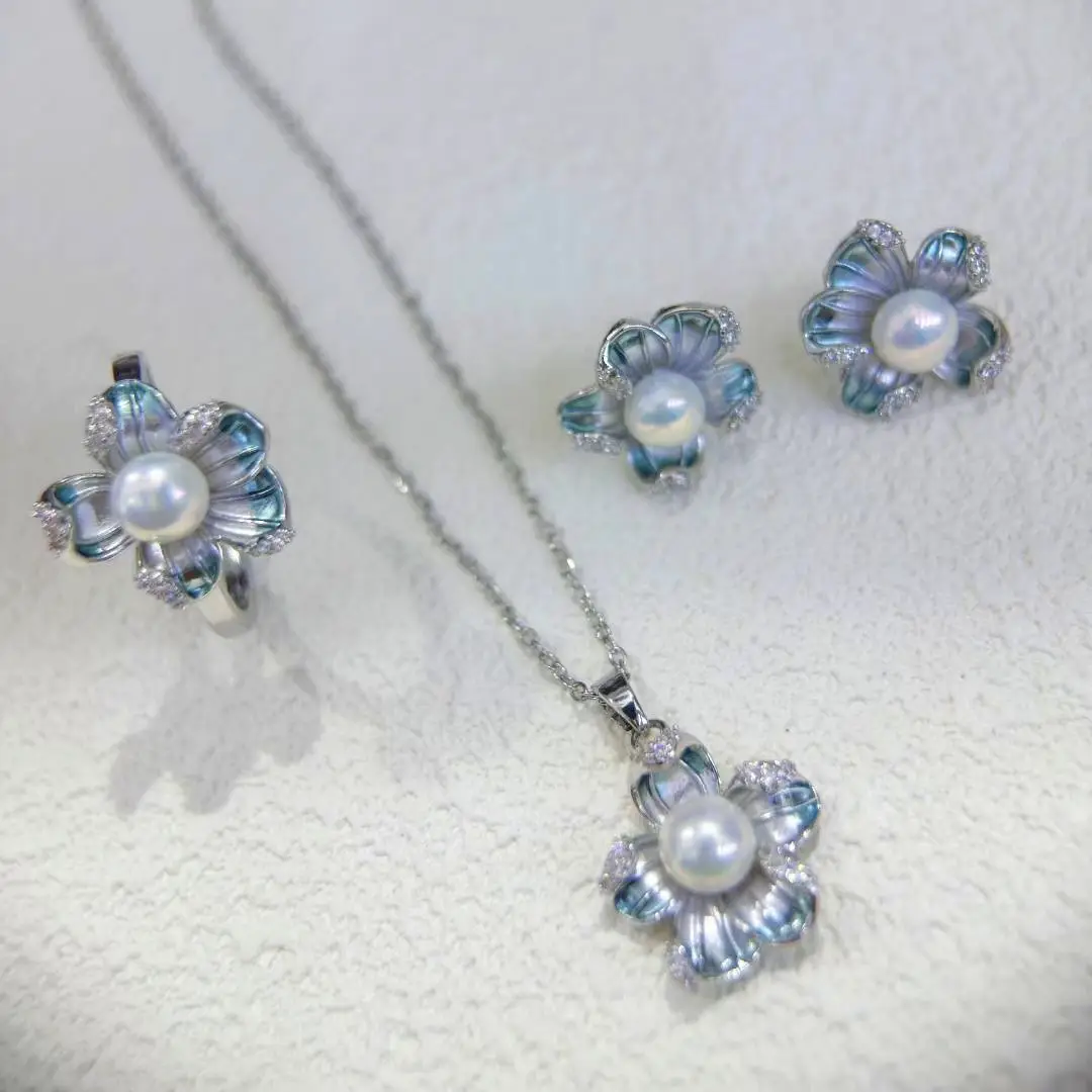 Natural Pearl Earrings S925 Silver Needle French Oil Dripping Begonia Flower — feature 6