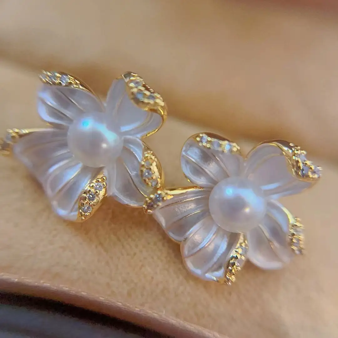 Natural Pearl Earrings S925 Silver Needle French Oil Dripping Begonia Flower — feature 8