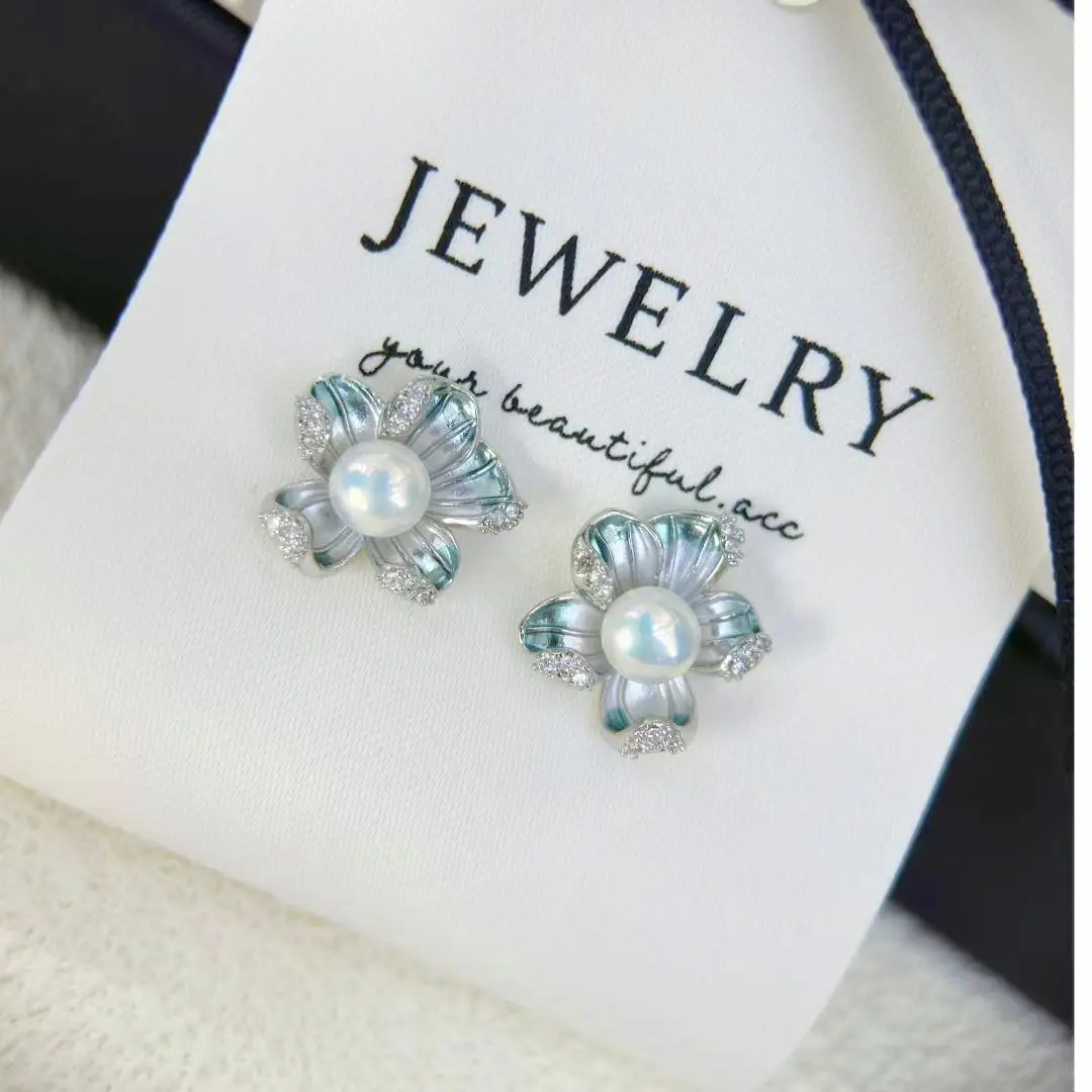 Natural Pearl Earrings S925 Silver Needle French Oil Dripping Begonia Flower - Image 6